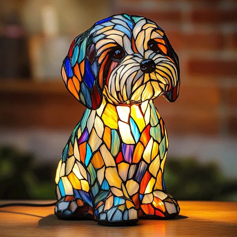 Luminous Canine Companions in Stained-Glass Light